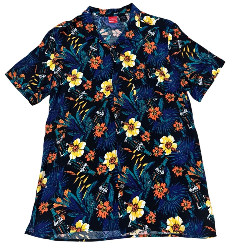 Coca Cola Hawaiian Floral Shirt Men’s Large Hibiscus Coke Bottles Rayon